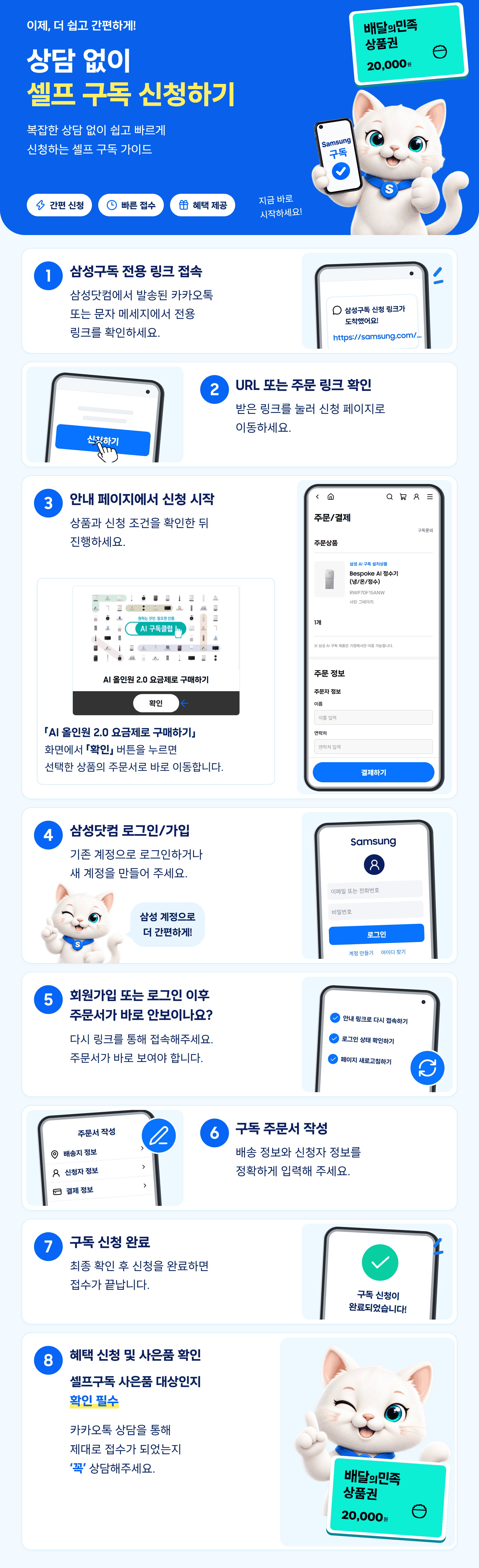 상담 없이 셀프 구독 신청하기 8단계 안내. 전용 링크로 접속하고 주문 링크 확인, RWP70F15ANW 모바일 주문 화면, 삼성닷컴 로그인 또는 가입, 주문서 재접속, 주문서 작성 후 신청 완료, 사은품 대상 및 카카오톡 접수 확인. 배달의민족 상품권 2만원권 이미지 포함.