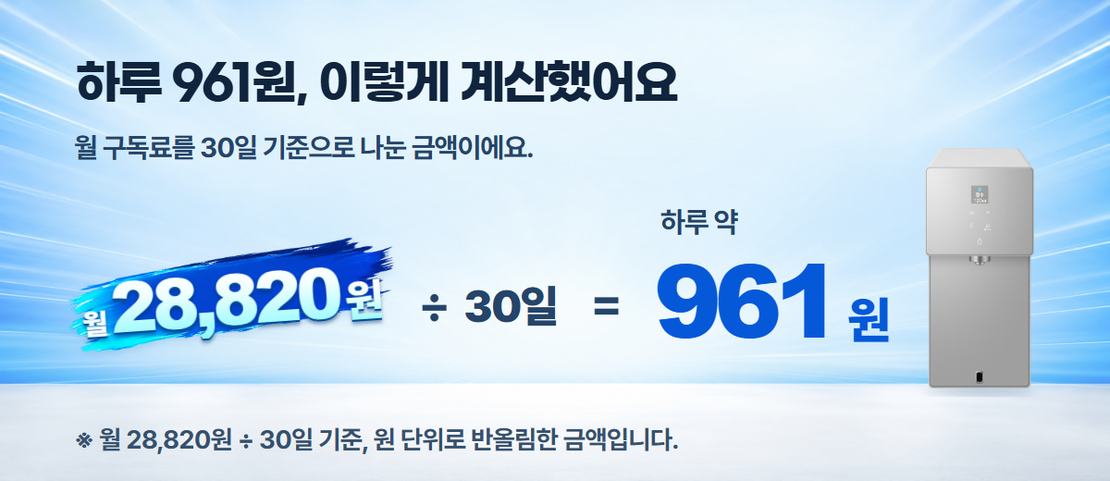 월 구독료 28,820원을 30일로 나눈 하루 비용은 약 961원입니다. 원 단위 반올림 기준.